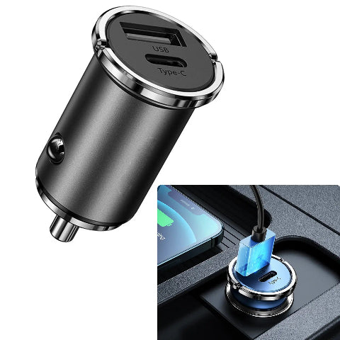 Cargador de Coche Compacto – Doble Puerto USB y Rápido 